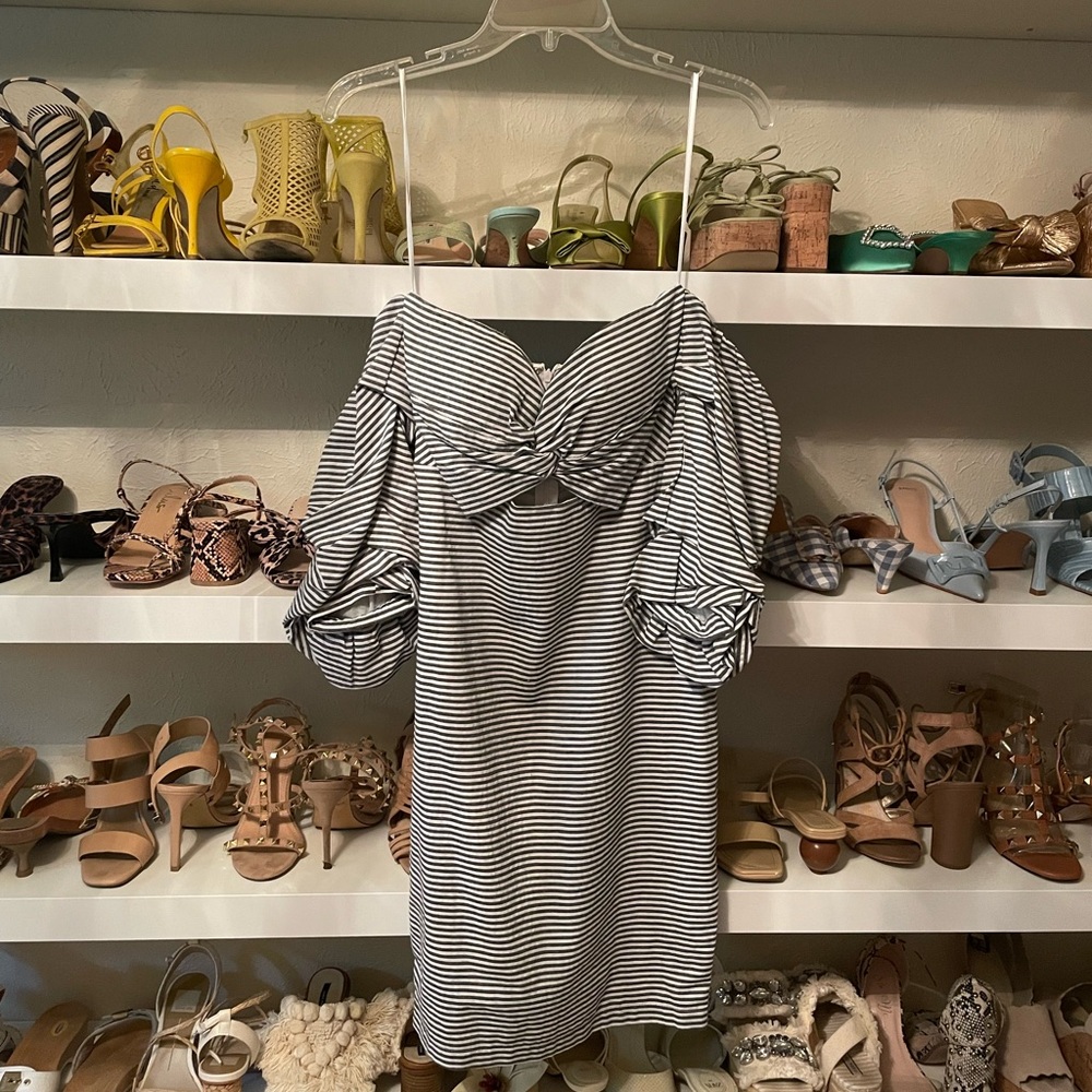 NWT L’atiste Stripe Cinched Sleeves Off the Shoulder Dress
